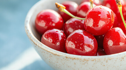A close-up shot of fresh, shiny cherries in a bowl, highlighting their rich color and juicy texture, perfect for food photography.