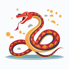 Obraz premium Stylized red and orange snake with fangs and tongue striking in a vibrant graphic illustration