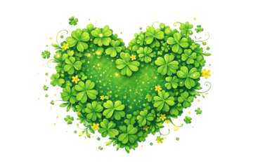 Heart shaped arrangement of green clovers and leaves on a white background creating a vibrant natural design png with transparency