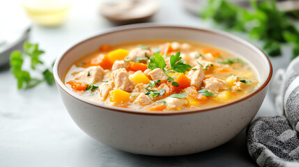 A delicious bowl of chicken vegetable soup, filled with fresh ingredients and vibrant colors, perfect for a comforting meal.