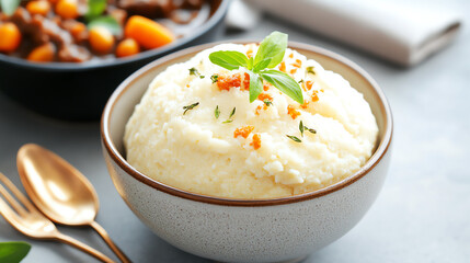 A delicious bowl of creamy mashed potatoes garnished with herbs, perfect for a comforting meal or festive occasion.