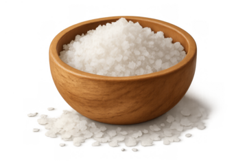 Sea salt crystals in a wooden bowl with some spilled on a transparent background, culinary seasoning ingredient