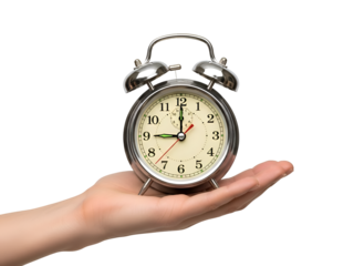 Hand Holding Classic Silver Alarm Clock - Time Management Concept on white background