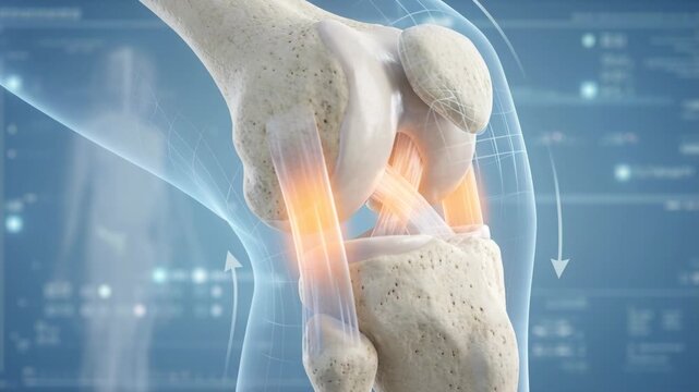 Detailed 3D Medical Animation of Human Knee Joint Showing Ligaments Tendons Cartilage and Bones with Blue Digital Background and Motion