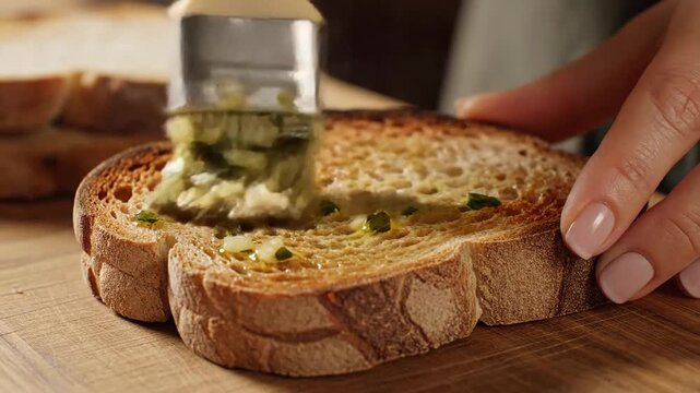 Hand brushing toasted sourdough bread with garlic infused olive oil on a wooden surface