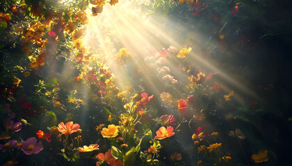 Golden rays of sunlight pierce through a myriad of flowers, creating an ethereal scene that captivates the senses. The photo is hyperrealistic.
