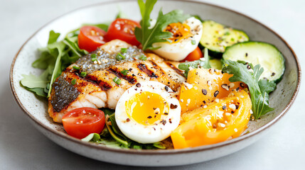 A vibrant dish featuring grilled salmon, fresh vegetables, and perfectly cooked eggs on a bed of greens.