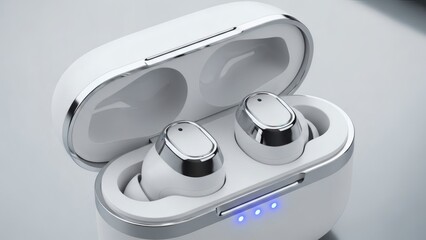 White Wireless Earbuds in Open Charging Case with Blue LED Light