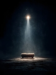 conceptual nativity scene featuring an empty wooden manger under a radiant bright star symbolizing anticipation and hope