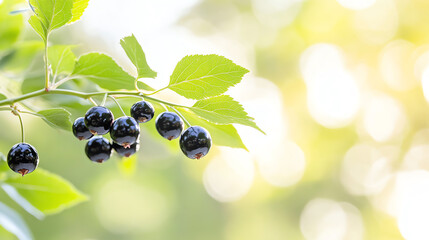 Close-up of vibrant black berries on a branch, showcasing lush green leaves against a soft blurred background.