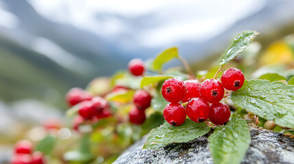 Close-up of vibrant red berries nestled among lush green leaves, set against a serene mountainous backdrop, showcasing nature's beauty.