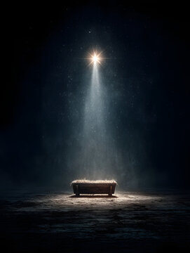Fototapeta conceptual nativity scene featuring an empty wooden manger under a radiant bright star symbolizing anticipation and hope