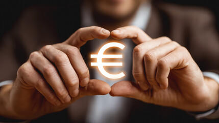 Businessman holding glowing euro currency symbol representing modern financial success