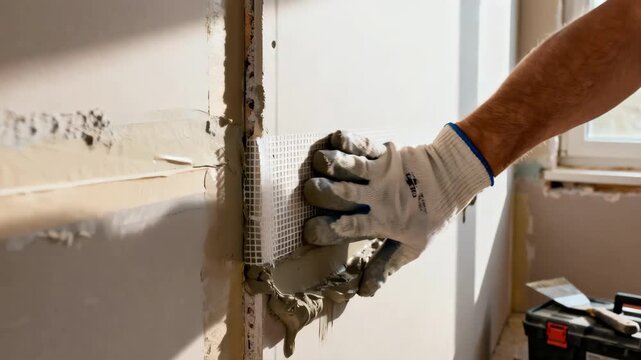 Side view medium shot of drywall taping process highlighting joint treatment with mesh tape before final mud application.