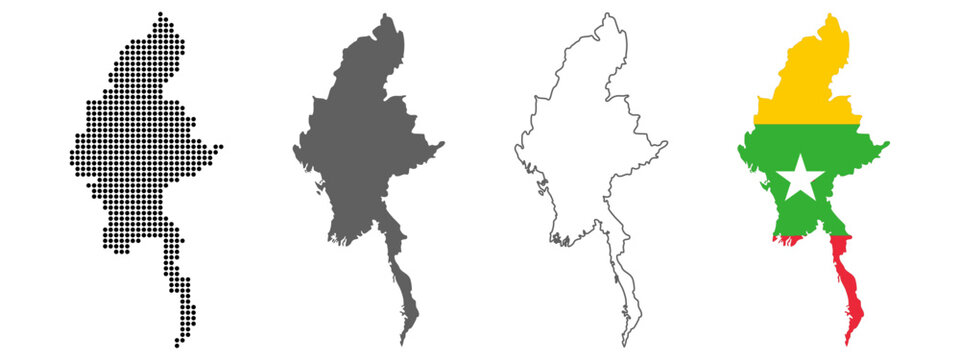 Myanmar map set with dotted solid outline and flag style vector illustration