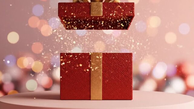 Red gift box with gold ribbon exploding with golden confetti on pink background