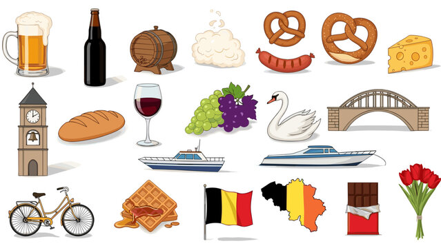 Collection of belgian themed objects including beer bikes and waffles
