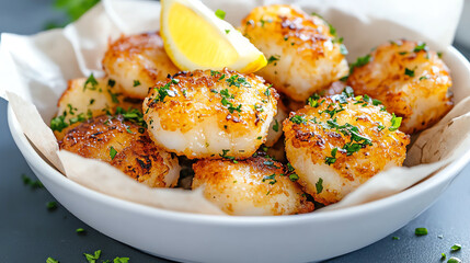 Fototapeta premium Delicious golden-brown scallops garnished with fresh herbs and lemon slices, perfect for a gourmet seafood dish.