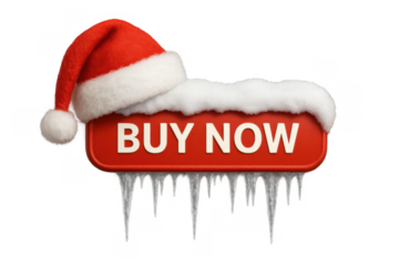 Buy now button wearing a santa hat with snow and icicles, representing winter holiday season sales and shopping campaign, transparent background