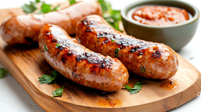 Delicious grilled sausages served on a wooden board with a side of savory sauce and fresh herbs.