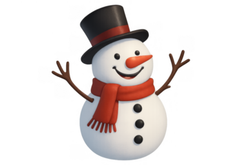 Cheerful snowman wearing top hat and red scarf, ready for winter holidays, celebrating festive season with joy