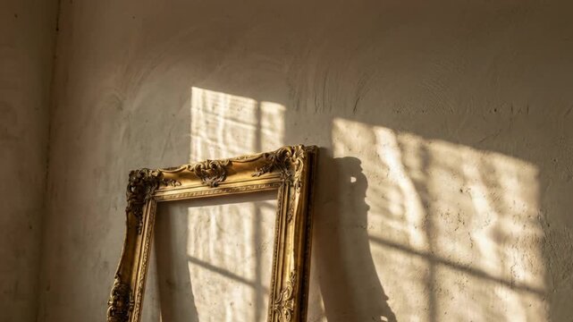 Ornate Golden Empty Picture Frame Against Textured Wall With Sunlight Shadows And Window Panes