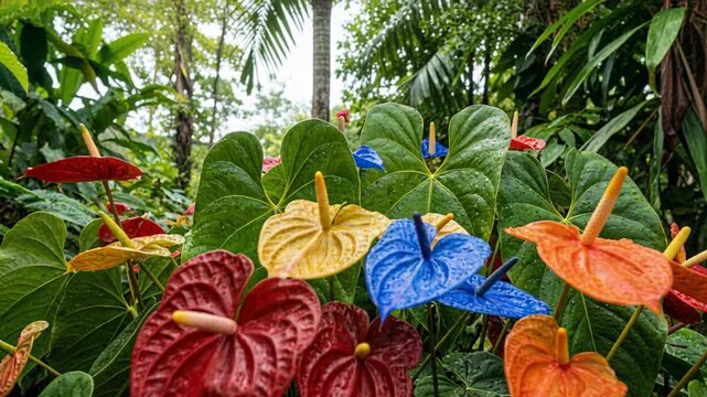 Vibrant Anthurium Flowers in Assorted Colors Red Yellow Blue Orange Displayed Amongst Lush Green Foliage with Water Droplets After Rain in