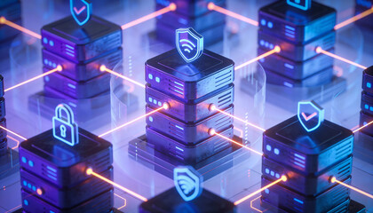 Stacked Glowing Data Blocks Representing Digital Asset Flow, Enterprise Content Management, and Information Governance in a Secure Digital Environment, Professional High-Tech Visualization.