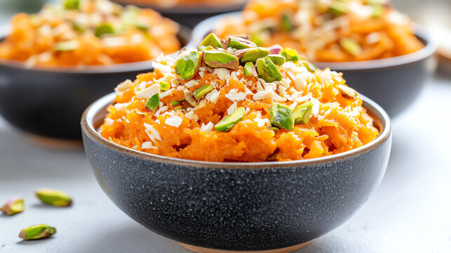 Deliciously crafted dessert featuring colorful bowls of sweet delicacy topped with nuts and coconut flakes.
