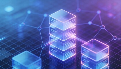 Stacked Glowing Data Blocks Representing Digital Asset Flow, Enterprise Content Management, and Information Governance in a Secure Digital Environment, Professional High-Tech Visualization.