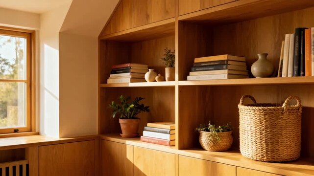 Medium shot of alcove builtin shelving units showcasing spaceefficient storage with decorative items and books highlighting cozy room integration.