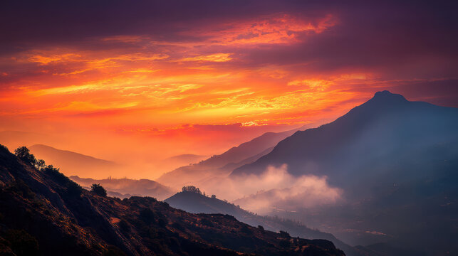 Golden hour paints the mountain range with vibrant colors as clouds swirl around the peaks, creating a stunning and ethereal vista at twilight in nature. - Powered by Adobe