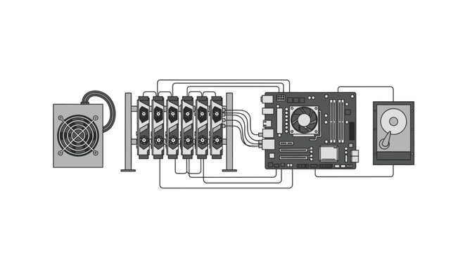 Monochromatic Flat Design Illustration of a Cryptocurrency Mining Rig Setup with Multiple GPUs and Computer Hardware Components