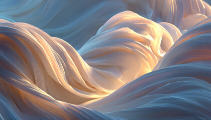 Ethereal white fabric waves gracefully undulating in soft light, creating a serene atmosphere, embodying the concept of cloud dancer and tranquility in motion