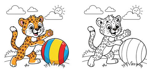 Cute Cartoon Cheetah Cub Playing with a Colorful Beach Ball in a Sunny Park © MstSangita