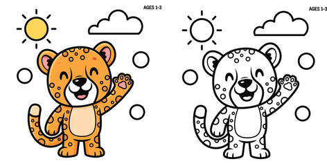 Cute Cartoon Cheetah Cub Waving Paw with Sun and Cloud Background © MstSangita