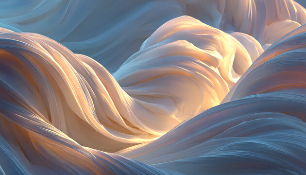 Ethereal white fabric waves gracefully undulating in soft light, creating a serene atmosphere, embodying the concept of cloud dancer and tranquility in motion