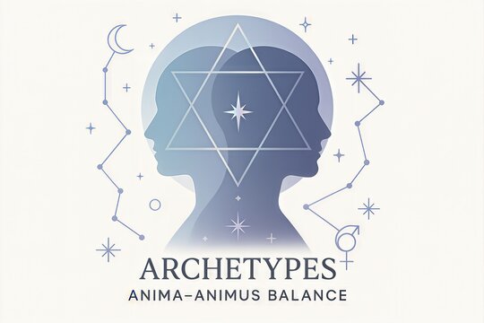 Exploring Archetypes Through Anima Animus Balance Symbolism in Visual Representation of Duality and Cosmic Harmony in a Serene Artistic Composition