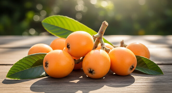 Fresh loquats on a wooden table