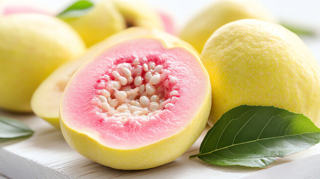 Fresh guavas displayed with vibrant colors, showcasing their juicy interior filled with seeds, perfect for a tropical feast.