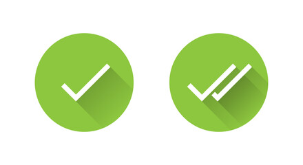Check mark and two checkmark icon with long shadow. Single and double tick status symbol. Sent and read message sign