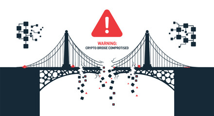 Warning of a cryptocurrency bridge security compromise. Vector illustration shows a broken digital connection with an alert sign, symbolizing network vulnerabilities and blockchain risks