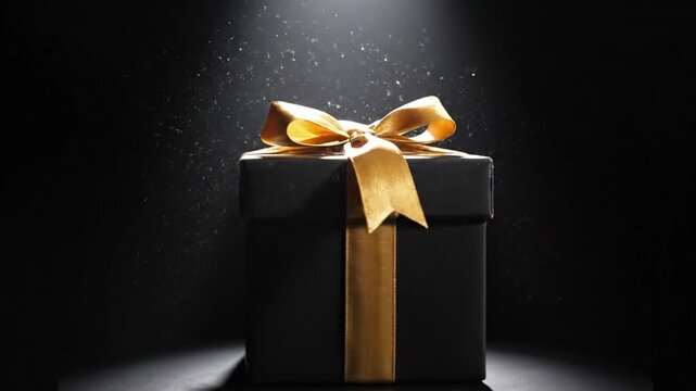 Black gift boxes with gold ribbons and bows on dark background with spotlight