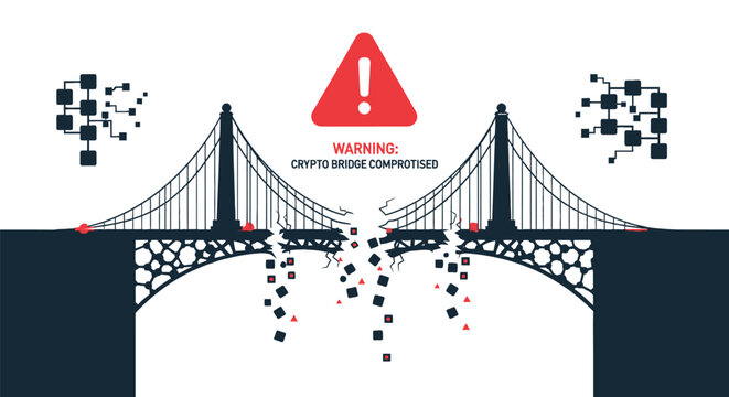 Warning of a cryptocurrency bridge security compromise. Vector illustration shows a broken digital connection with an alert sign, symbolizing network vulnerabilities and blockchain risks