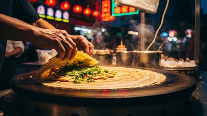Vibrant street food stall preparing traditional savory pancake at night