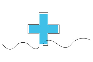 Medical cross icon in blue color with continuous one line drawing