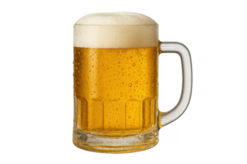 Mug of golden lager beer with foamy head and condensation, serving a cold refreshing alcoholic drink