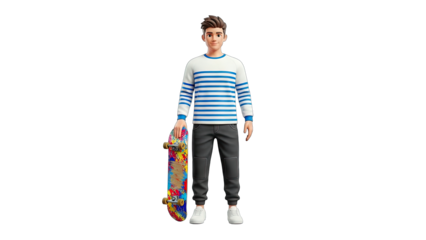 3D Render of a Young Man Holding a Skateboard on White Background