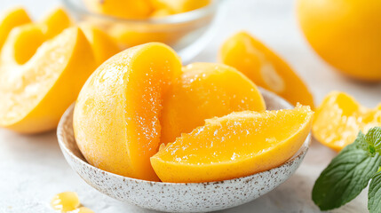 Fresh, juicy peaches sliced and arranged in a bowl, ideal for summer recipes or healthy snacking, showcasing vibrant colors and textures.