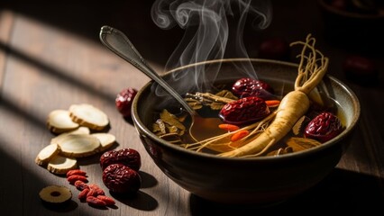 Traditional herbal medicinal soup with ginseng and dried herbs served in a